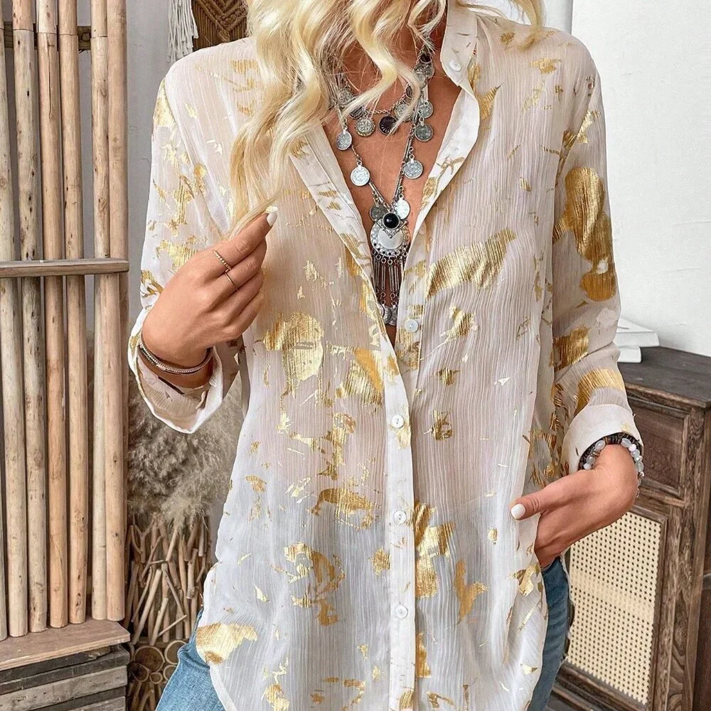 Boho Women's Full Printed Long Sleeve button down Shirt - Picture 5 of 8